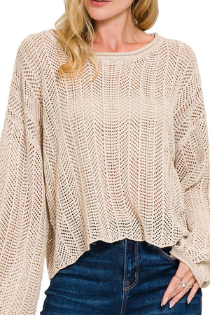 Zenana Opening Doors Sand Beige Hollow Out Long Sleeve Sweater - Wholesale Accessory Market