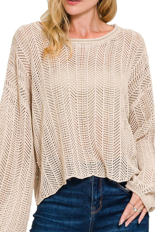 Zenana Opening Doors Sand Beige Hollow Out Long Sleeve Sweater - Wholesale Accessory Market