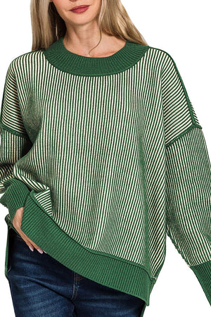 Zenana Double Take Dark Green Exposed Seam Sweater - Wholesale Accessory Market
