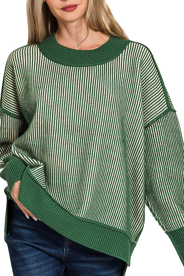 Zenana Double Take Dark Green Exposed Seam Sweater - Wholesale Accessory Market