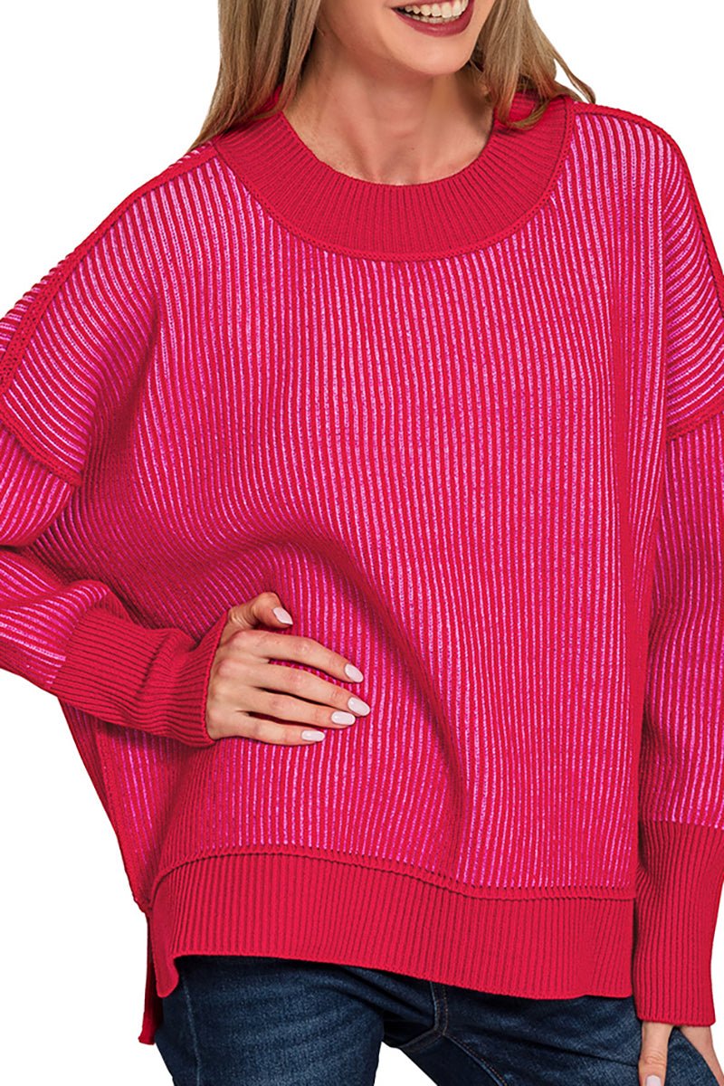 Zenana Double Take Ruby and Pink Exposed Seam Sweater - Wholesale Accessory Market