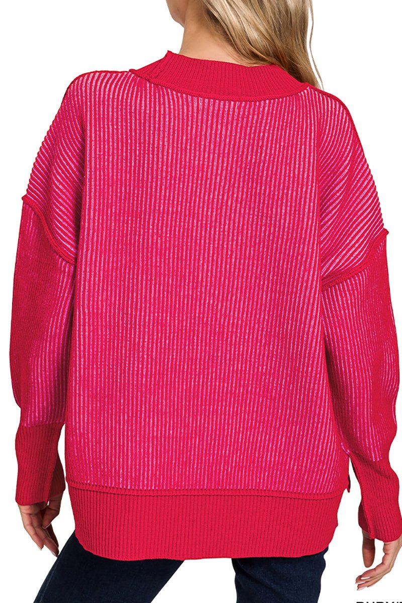 Zenana Double Take Ruby and Pink Exposed Seam Sweater - Wholesale Accessory Market