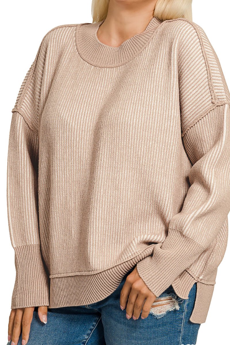 Zenana Plus Size Double Take Ash Mocha and Ivory Striped Exposed Seam Sweater - Wholesale Accessory Market