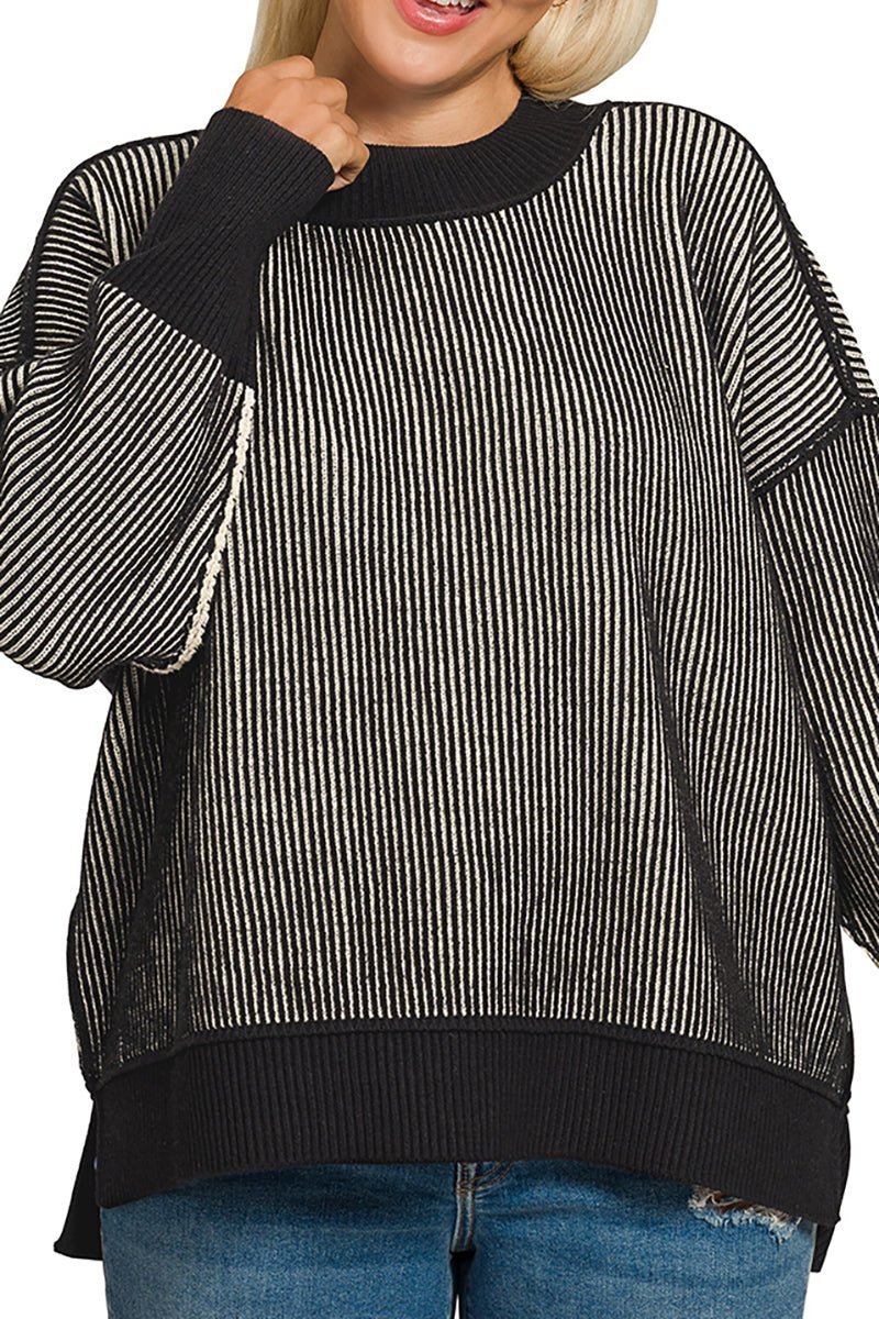 Zenana Plus Size Double Take Black Striped Exposed Seam Sweater - Wholesale Accessory Market