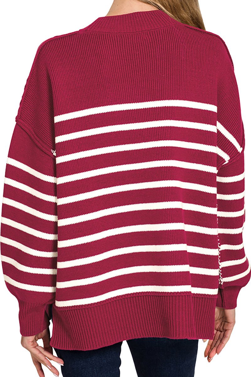 Zenana Opposites Attract Cabernet Striped Exposed Seam Sweater - Wholesale Accessory Market
