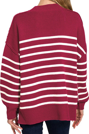 Zenana Opposites Attract Cabernet Striped Exposed Seam Sweater - Wholesale Accessory Market