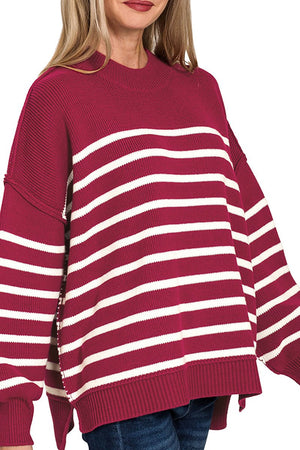 Zenana Opposites Attract Cabernet Striped Exposed Seam Sweater - Wholesale Accessory Market
