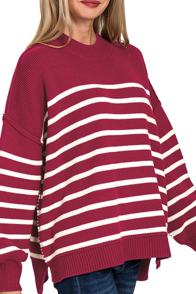 Zenana Opposites Attract Cabernet Striped Exposed Seam Sweater - Wholesale Accessory Market