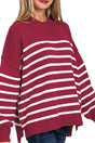Zenana Opposites Attract Cabernet Striped Exposed Seam Sweater - Wholesale Accessory Market