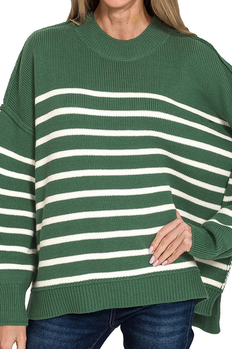 Zenana Opposites Attract Dark Green Striped Exposed Seam Sweater - Wholesale Accessory Market