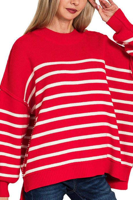 Zenana Opposites Attract Ruby Striped Exposed Seam Sweater - Wholesale Accessory Market