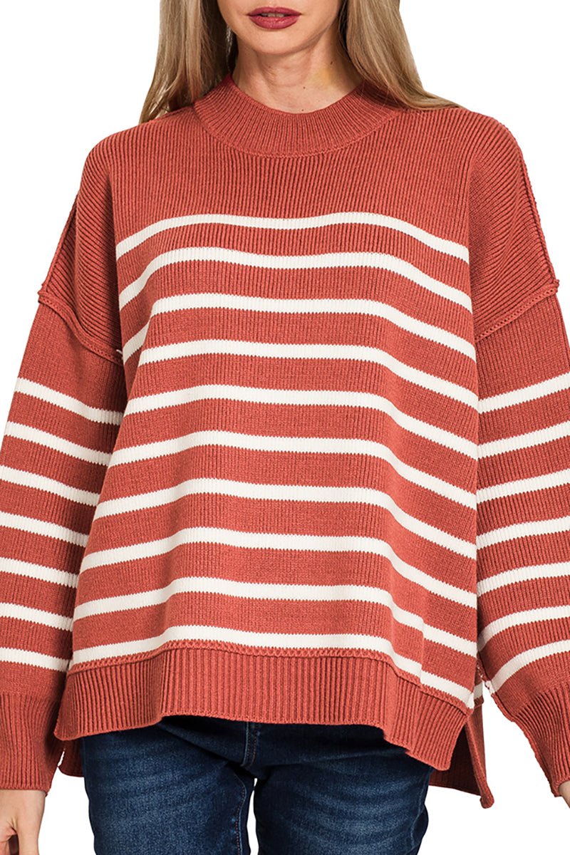 Zenana Opposites Attract Rust Striped Exposed Seam Sweater - Wholesale Accessory Market