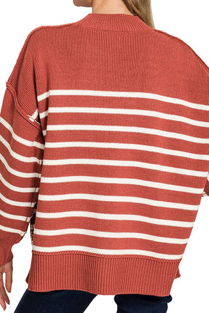 Zenana Opposites Attract Rust Striped Exposed Seam Sweater - Wholesale Accessory Market
