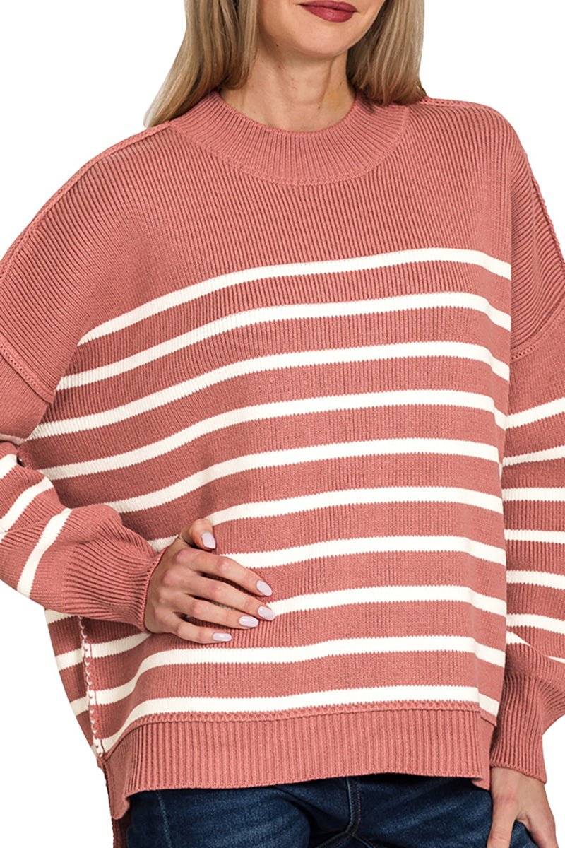 Zenana Opposites Attract Winter Rose Striped Exposed Seam Sweater - Wholesale Accessory Market