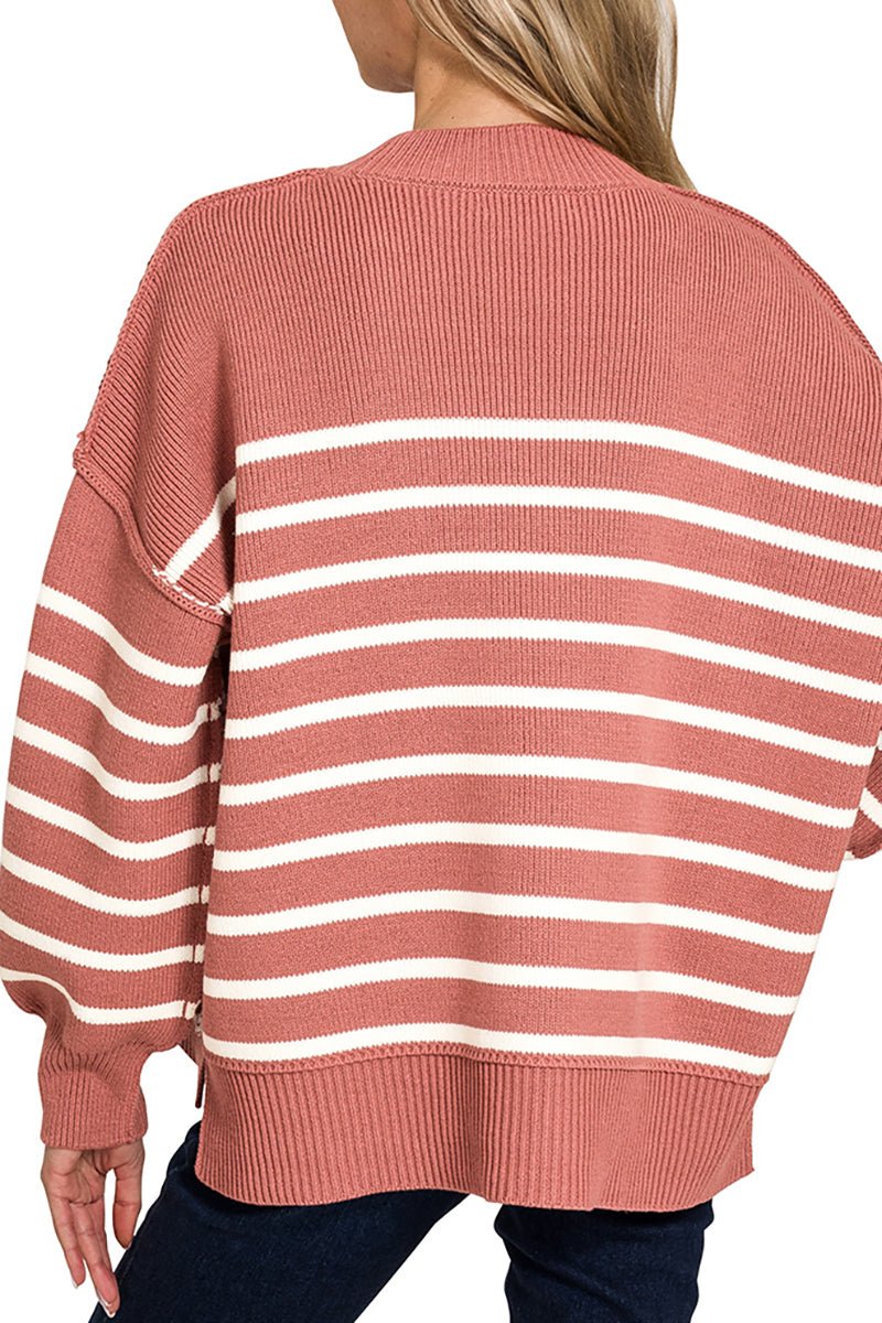 Zenana Opposites Attract Winter Rose Striped Exposed Seam Sweater - Wholesale Accessory Market