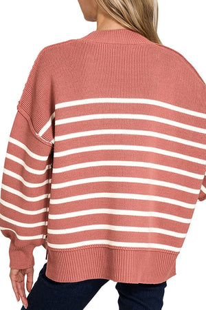 Zenana Opposites Attract Winter Rose Striped Exposed Seam Sweater - Wholesale Accessory Market