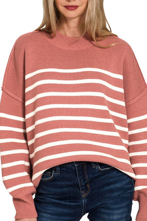 Zenana Opposites Attract Winter Rose Striped Exposed Seam Sweater - Wholesale Accessory Market