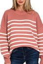 Zenana Opposites Attract Winter Rose Striped Exposed Seam Sweater - Wholesale Accessory Market