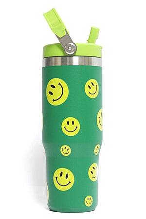 Zenana Stay Cool Kelly Green Smiles Flip Straw 30oz Tumbler - Wholesale Accessory Market