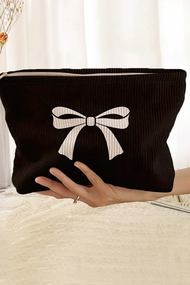 Zenana Starlight Bow Black Cosmetic Clutch Bag - Wholesale Accessory Market