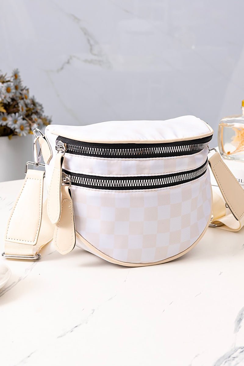 Zenana Globetrotter Beige Checkered Crossbody Waist Bag - Wholesale Accessory Market