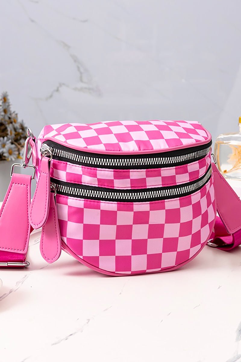 Zenana Globetrotter Hot Pink Checkered Crossbody Waist Bag - Wholesale Accessory Market