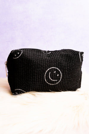 Zenana Happy Thoughts Black Corduroy Cosmetic Pouch - Wholesale Accessory Market