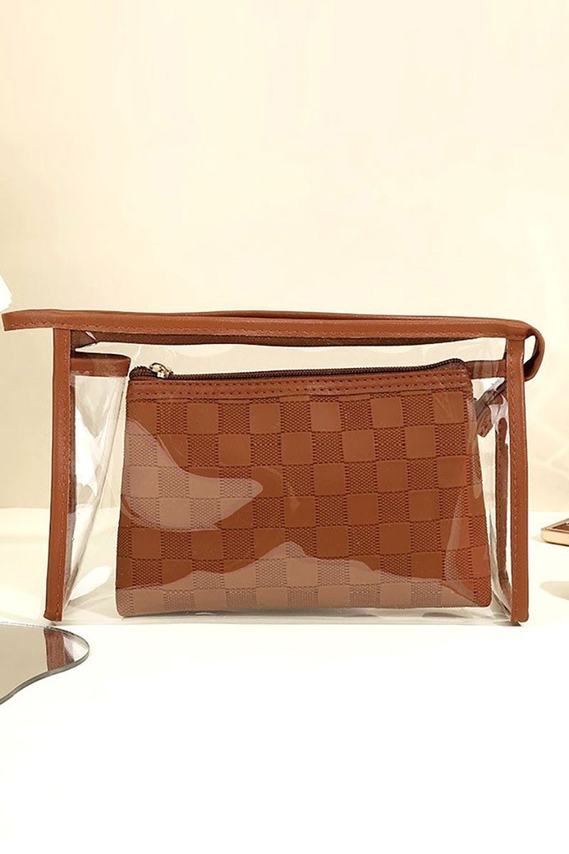Zenana Checked & Chic Camel Cosmetic Bag Set - Wholesale Accessory Market