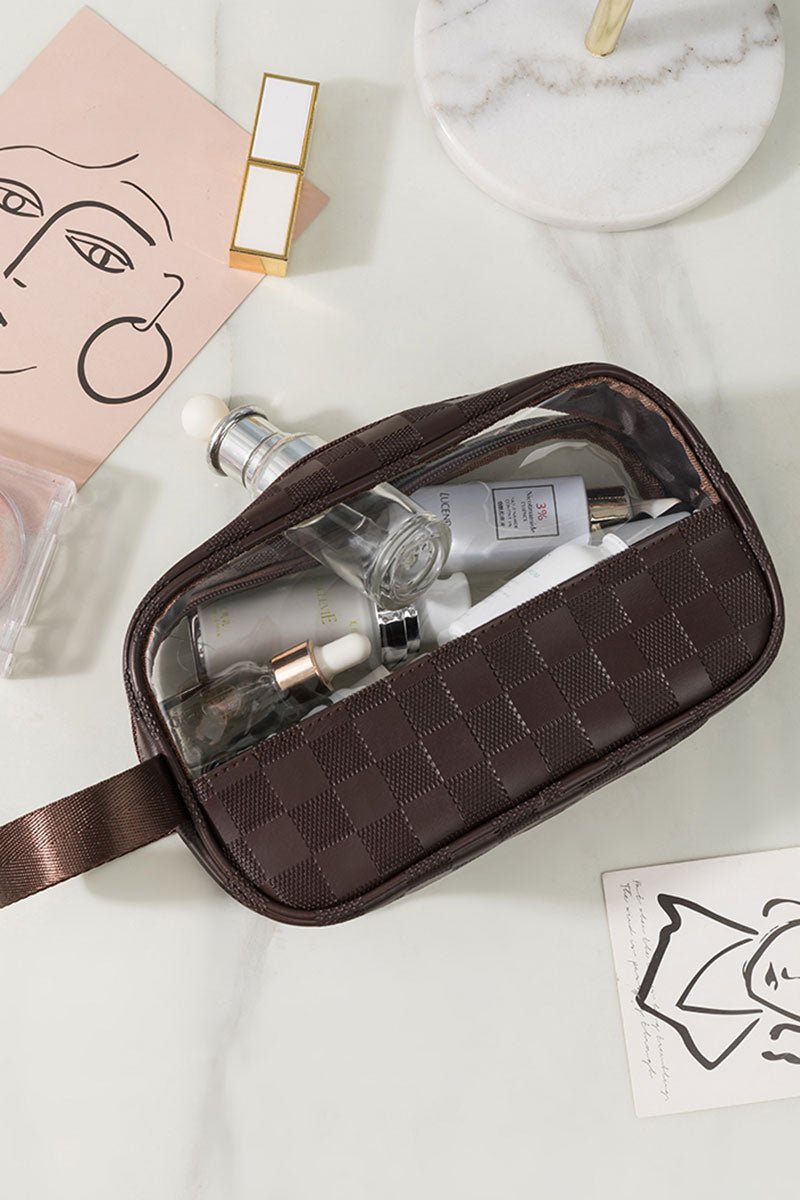 Zenana Clearly You Brown Checkered Cosmetic Bag - Wholesale Accessory Market