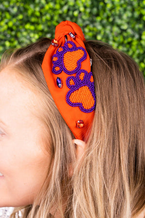 Orange and Purple Gameday Paws Seed Bead Knotted Headband - Wholesale Accessory Market