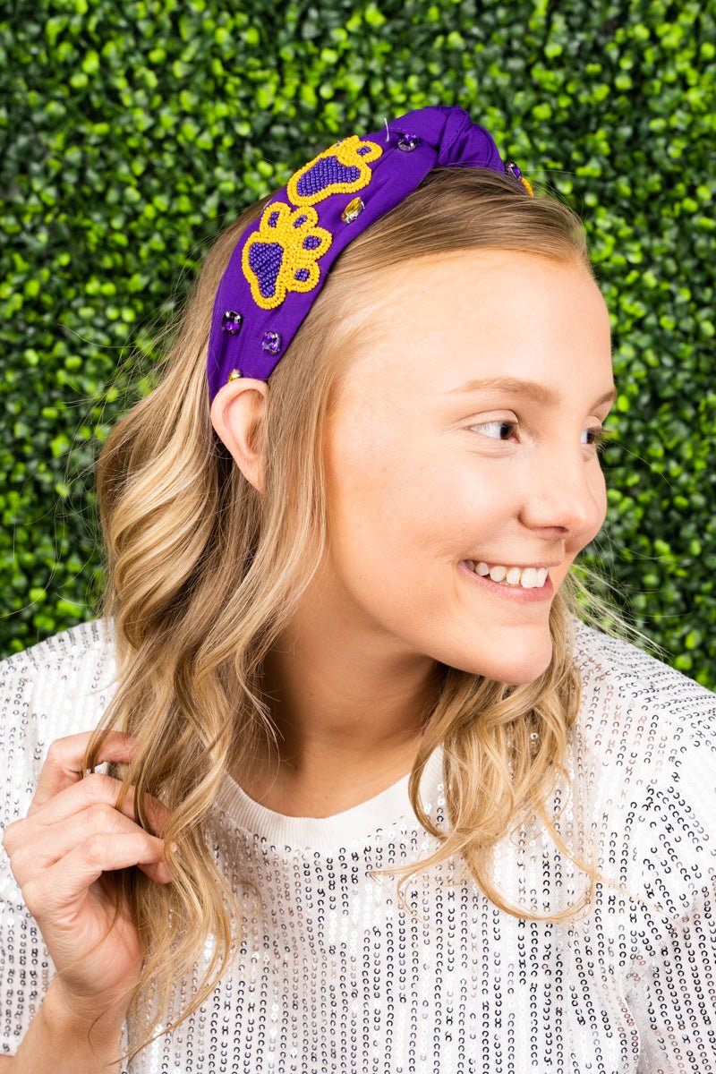 Purple and Yellow Gameday Paws Seed Bead Knotted Headband Wholesale