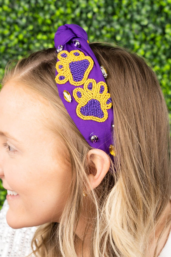 Purple and Yellow Gameday Paws Seed Bead Knotted Headband Wholesale
