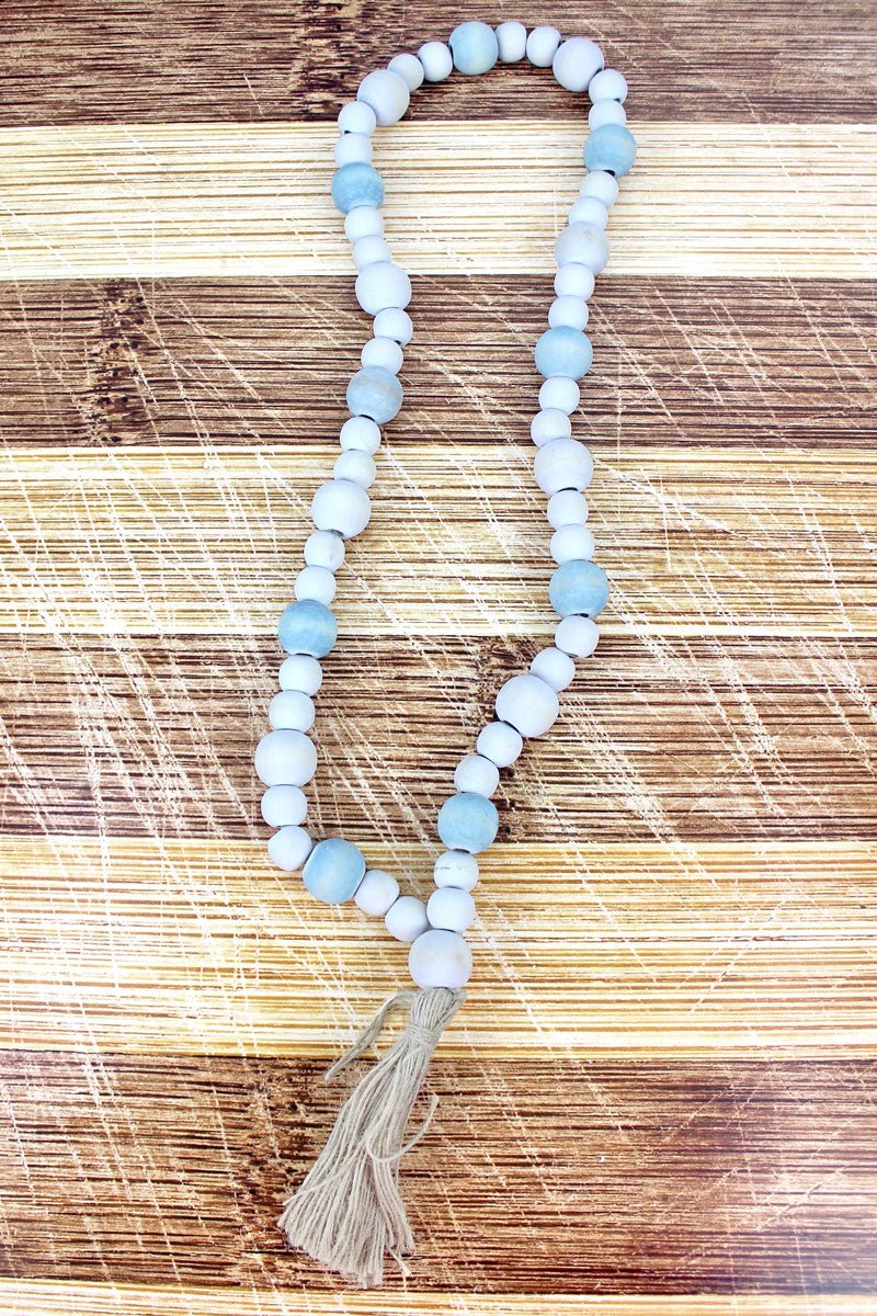 SALE! Light Blue and White Wood Beaded Jute Tassel Decor, 18" - Wholesale Accessory Market