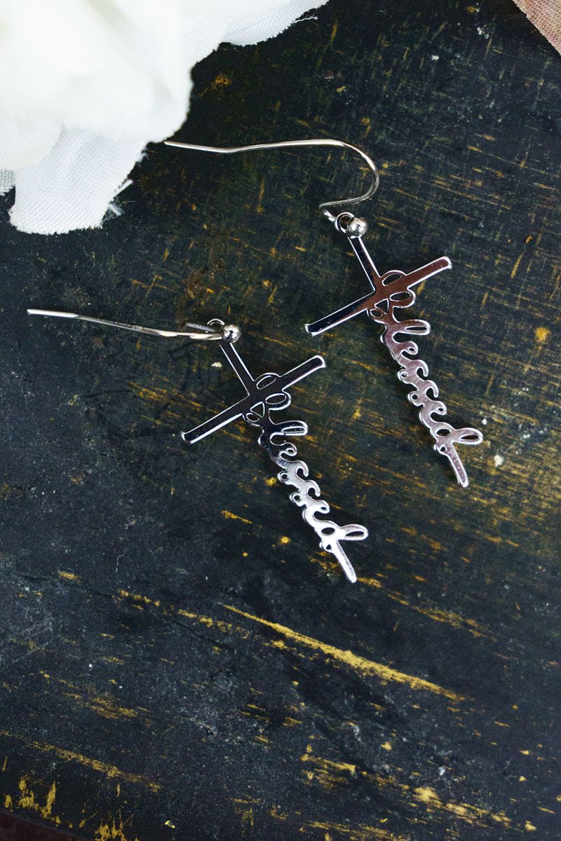 Silvertone Blessed Script Cross Earrings - Wholesale Accessory Market