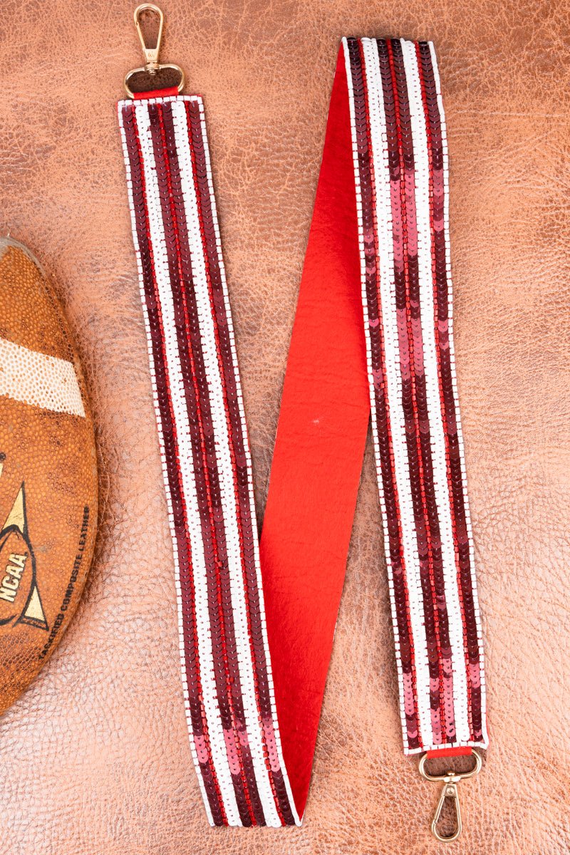 Burgundy and White Sequin Seed Bead Bag Strap