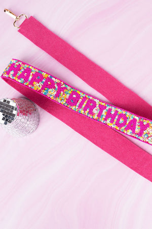 Fuchsia 'Happy Birthday' Sequin and Seed Bead Bag Strap - Wholesale Accessory Market
