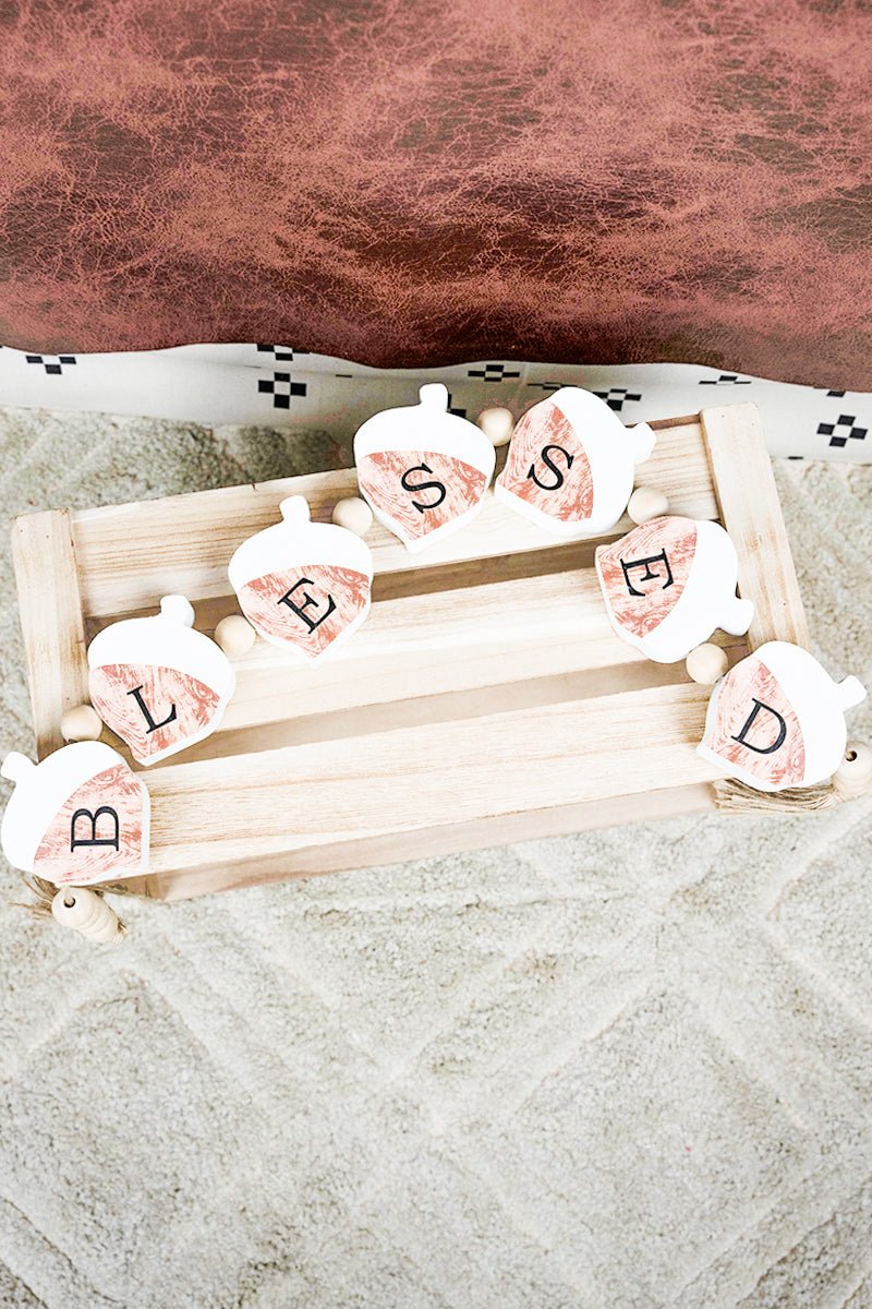 2.75 x 36 Blessed Wood Beaded Acorn Block Letter Tabletop Decor