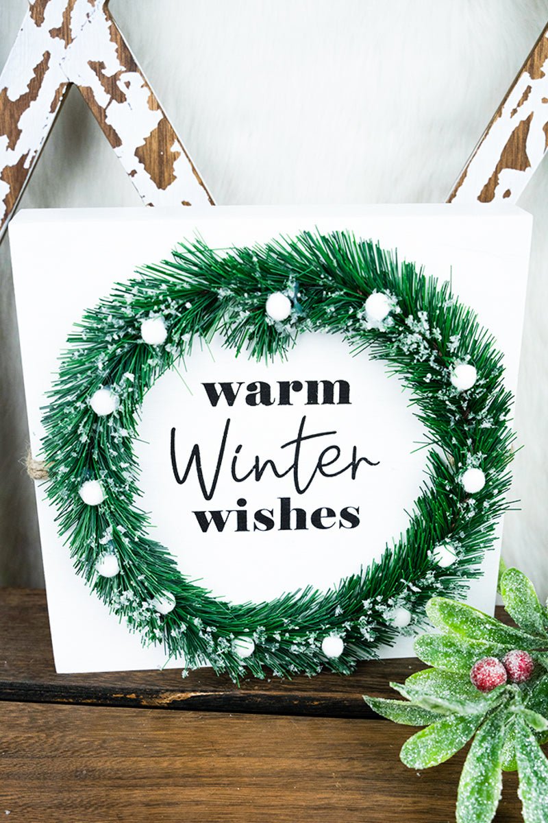 35% OFF! 8 x 8 'Warm Winter Wishes' Christmas Wreath Wood Sign - Wholesale Accessory Market