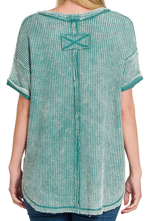 Zenana Weekend Ready Dusty Teal Washed Raw Edge Waffle Top