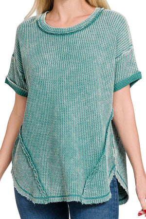 Weekend Ready Dusty Teal Washed Raw Edge Waffle Top