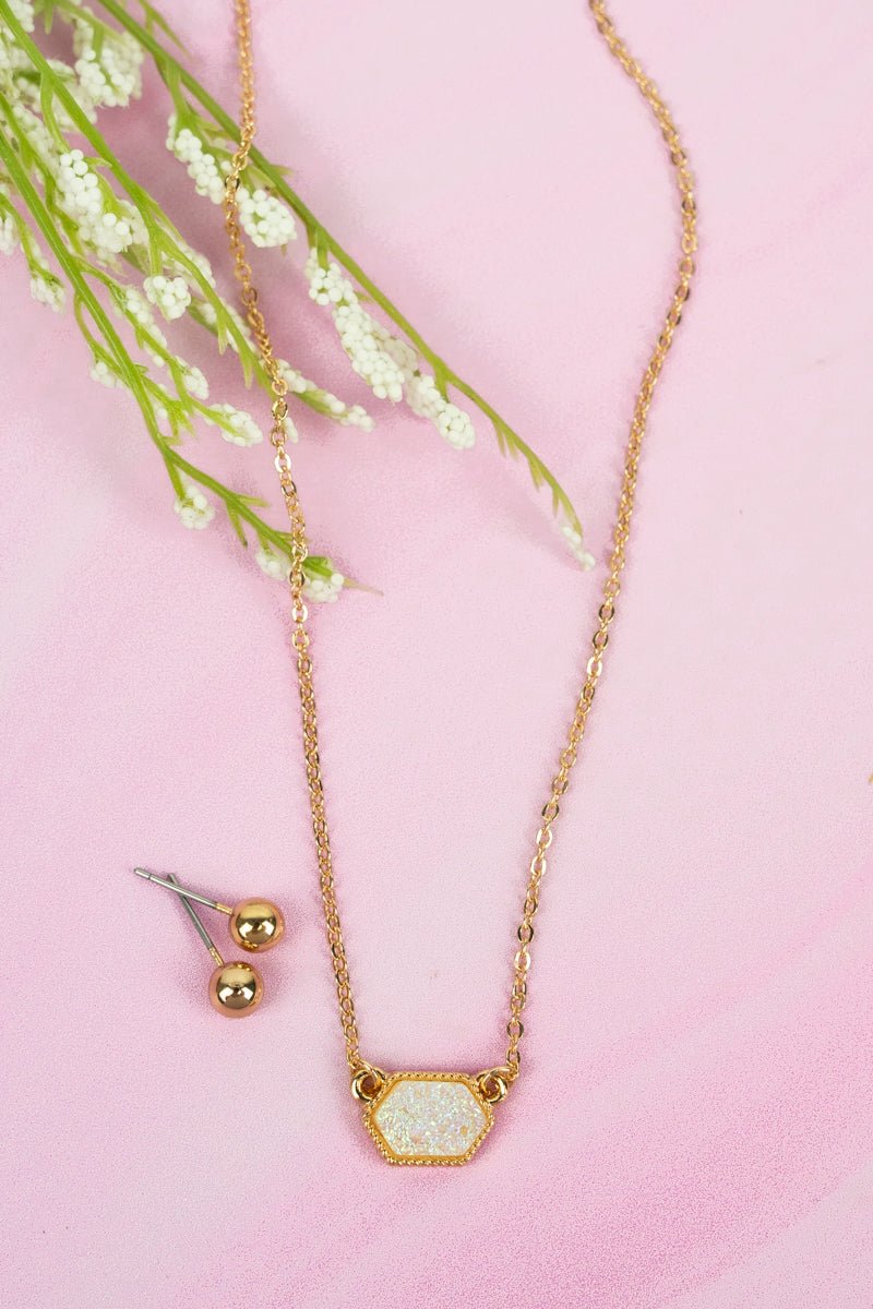 Lucie Iridescent Druzy Pendant Necklace and Earrings Set - Wholesale Accessory Market