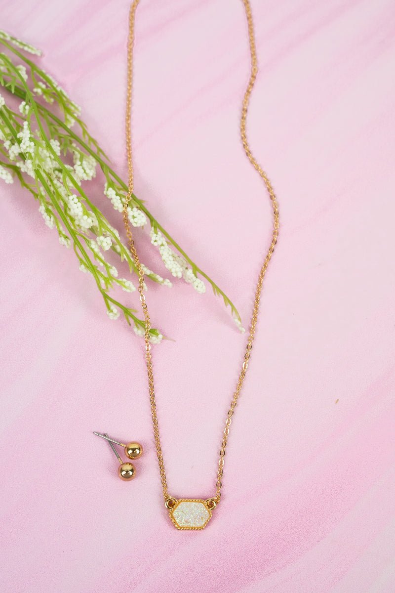 Lucie Iridescent Druzy Pendant Necklace and Earrings Set - Wholesale Accessory Market