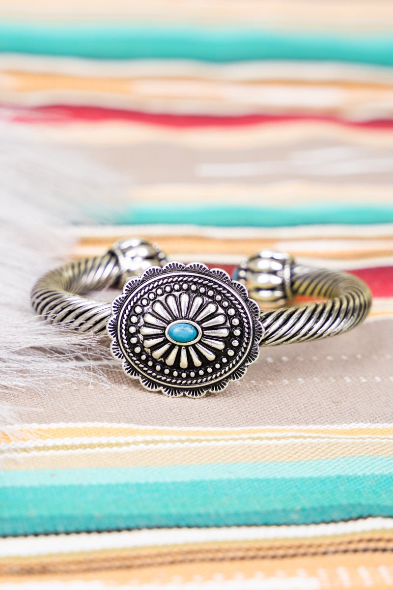 Turquoise Concho Cable Cuff Silvertone Bracelet Wholesale