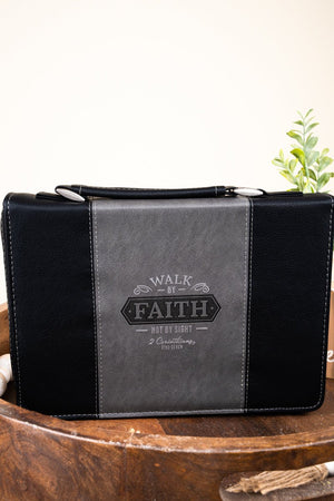 Walk by Faith Black and Gray LuxLeather Large Bible Cover - Wholesale Accessory Market