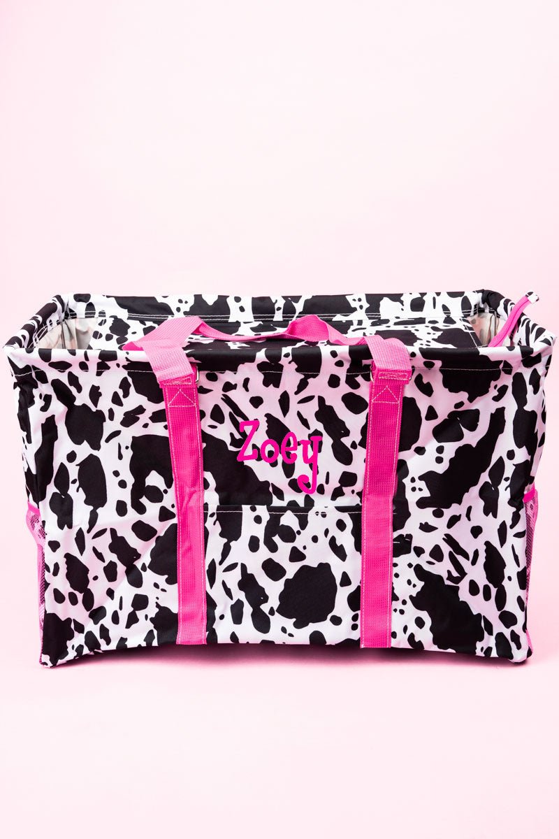 NGIL Deja Moo with Hot Pink Trim Collapsible Double Haul-It-All Basket with Mesh Pockets and Lid - Wholesale Accessory Market