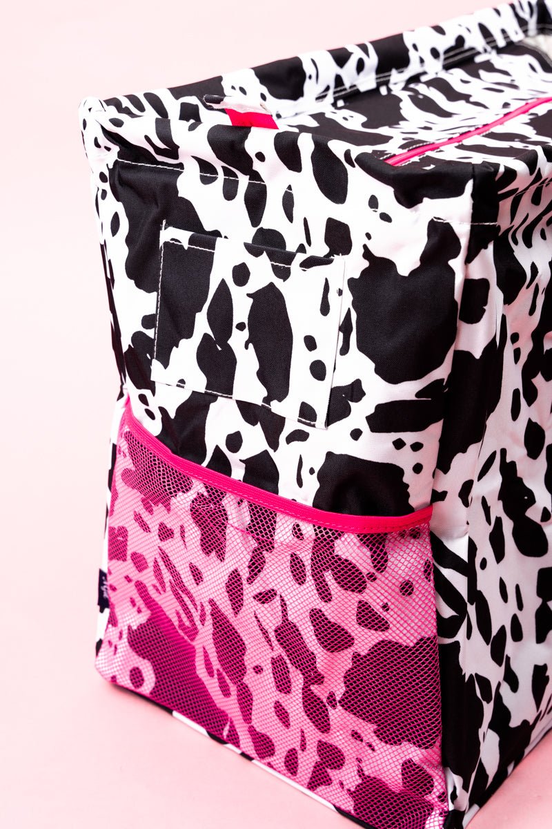 NGIL Deja Moo with Hot Pink Trim Collapsible Double Haul-It-All Basket with Mesh Pockets and Lid - Wholesale Accessory Market