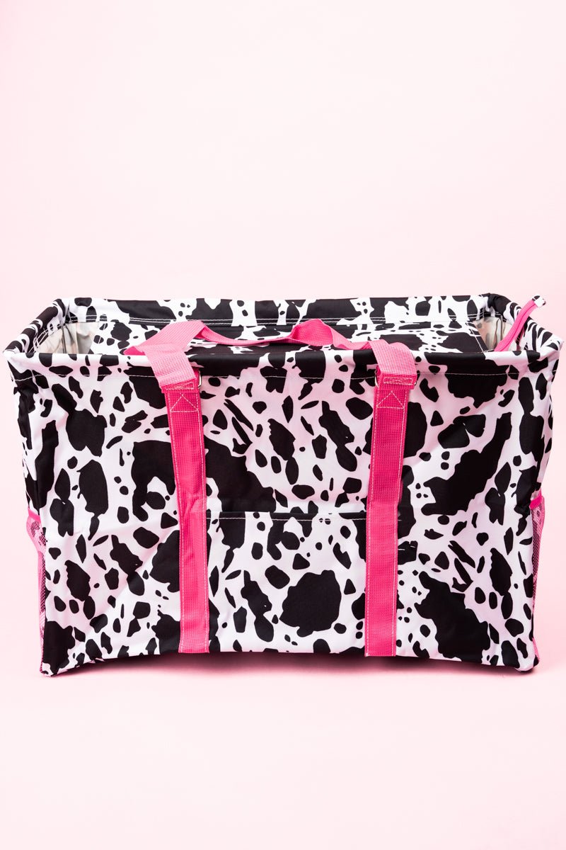 NGIL Deja Moo with Hot Pink Trim Collapsible Double Haul-It-All Basket with Mesh Pockets and Lid - Wholesale Accessory Market