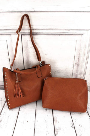 NGIL Light Brown Faux Leather Studded 2-in-1 Tassel Tote - Wholesale Accessory Market