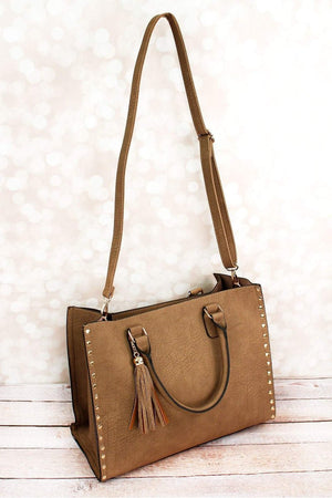 NGIL Taupe Gray Faux Leather Studded 2-in-1 Tassel Tote - Wholesale Accessory Market