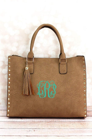 NGIL Taupe Gray Faux Leather Studded 2-in-1 Tassel Tote - Wholesale Accessory Market
